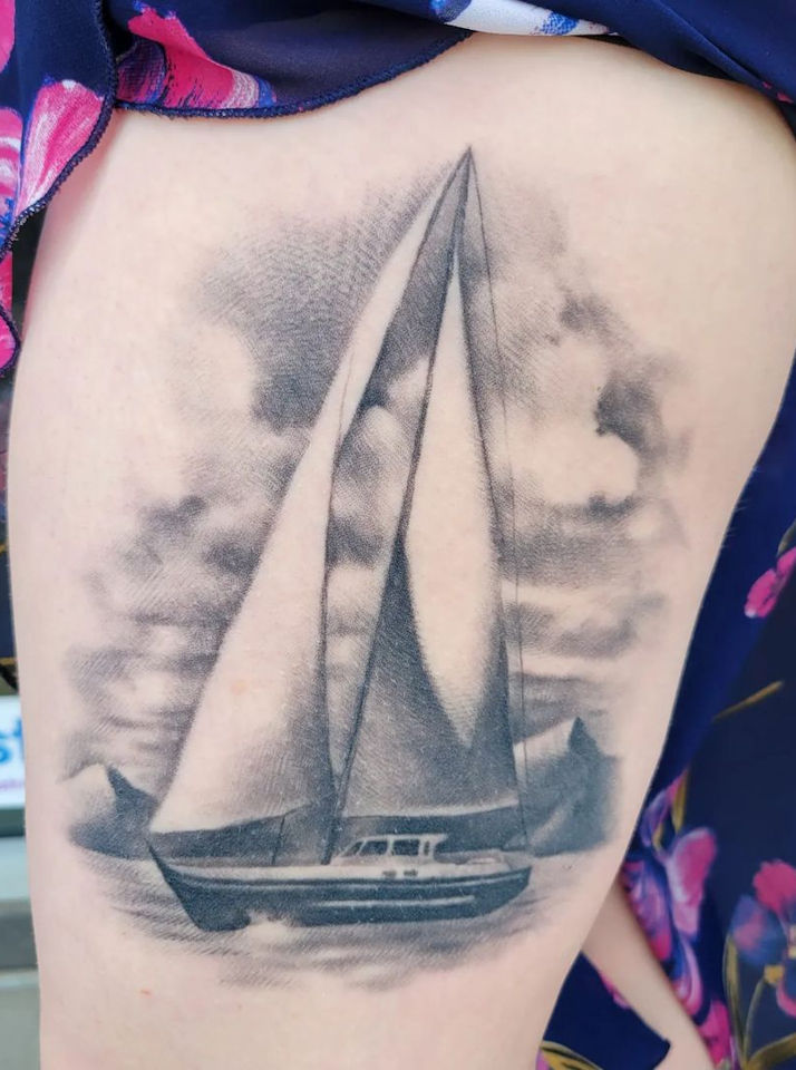Black and Grey Boat Tattoo