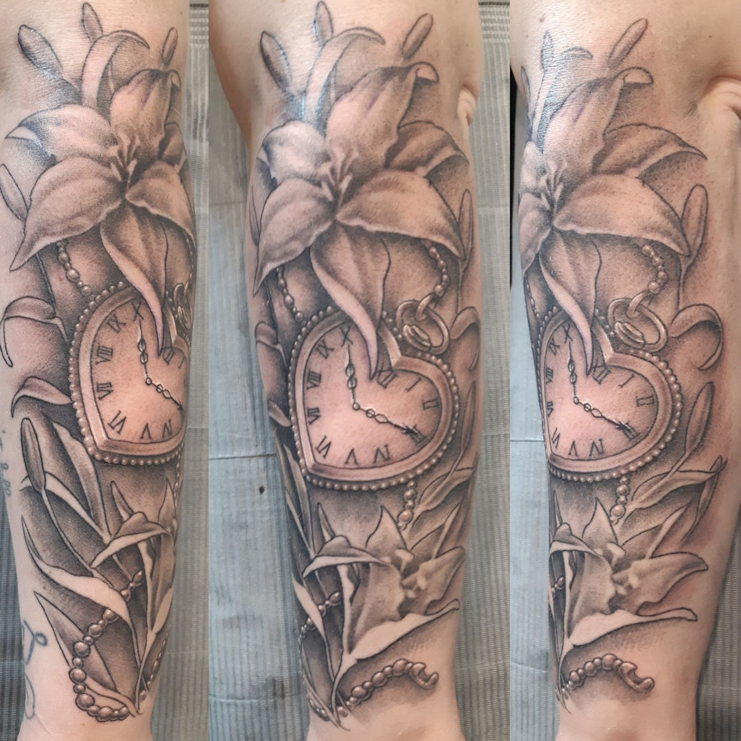 Lilies and Heart Clock — Clay Walker Tattoo