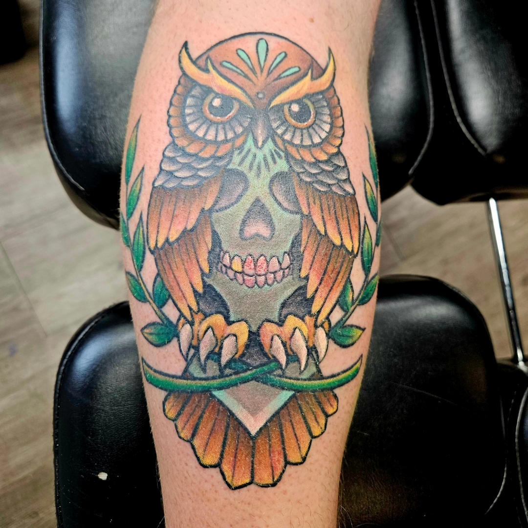 Owl Tattoo on Calf — Clay Walker Tattoo