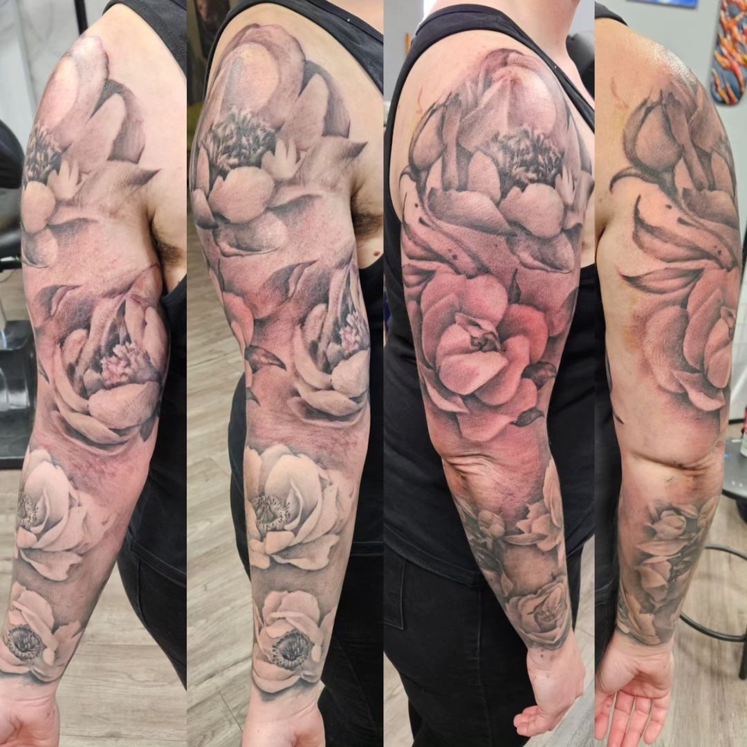 Peony Sleeve Complete — Clay Walker Tattoo