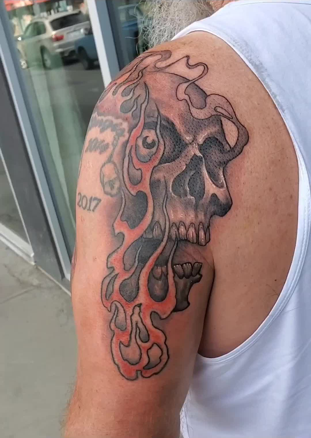 Skull Add-ons to Flames — Clay Walker Tattoo