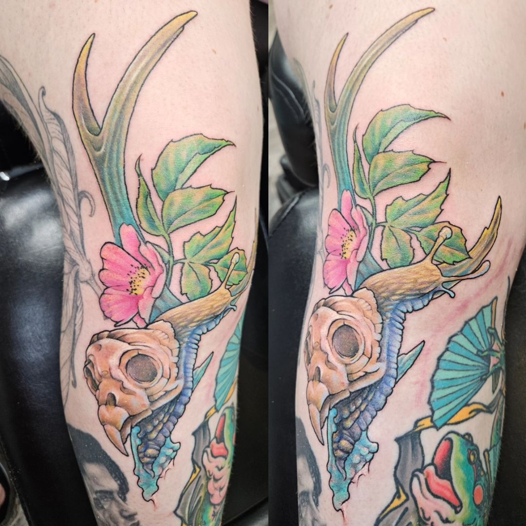 Snail Birdskull Knee Tattoo — Clay Walker Tattoo