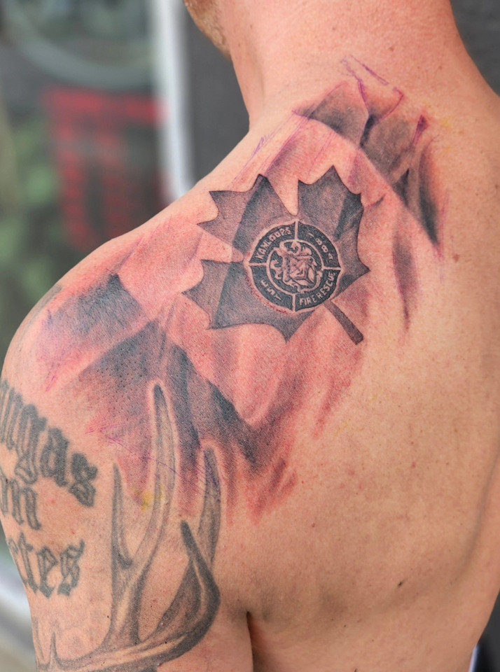 Tattoo of Canadian Flag with KFR Crest — Clay Walker Tattoo of Canadian Flag with KFR Crest